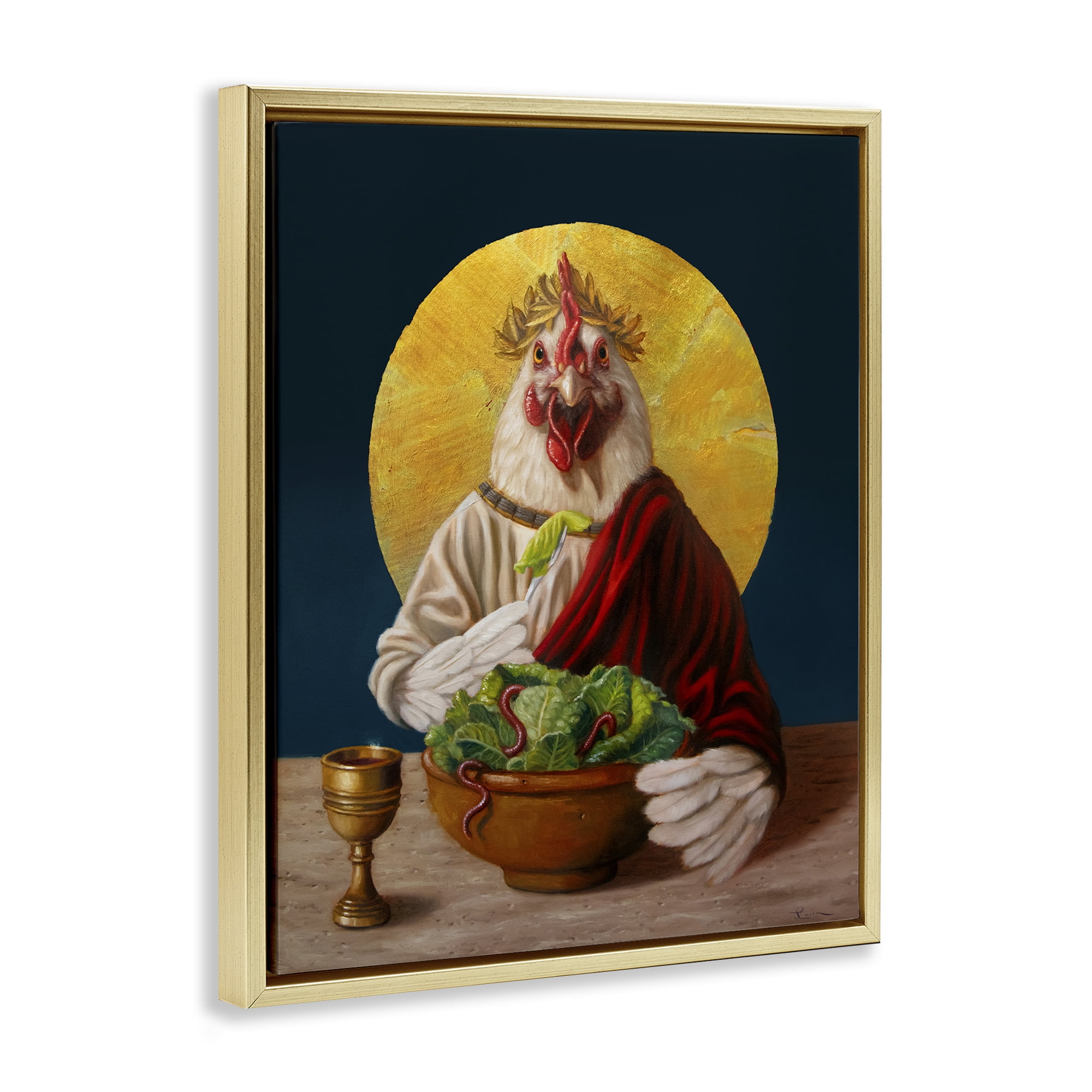 Stupell Industries Classic Hen with Meal Novelty & Humor Painting Gold Floater Framed Canvas Art Print Wall Art, 25 x 31