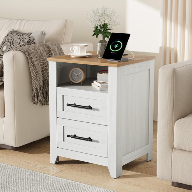 Farmhouse Nightstand set of 2 with 2 Drawer and Open Compartment, Side Table with Charging Station, End Table with Storage Shelf for Bedroom, Living Room, Color-Blocking, 2PCS