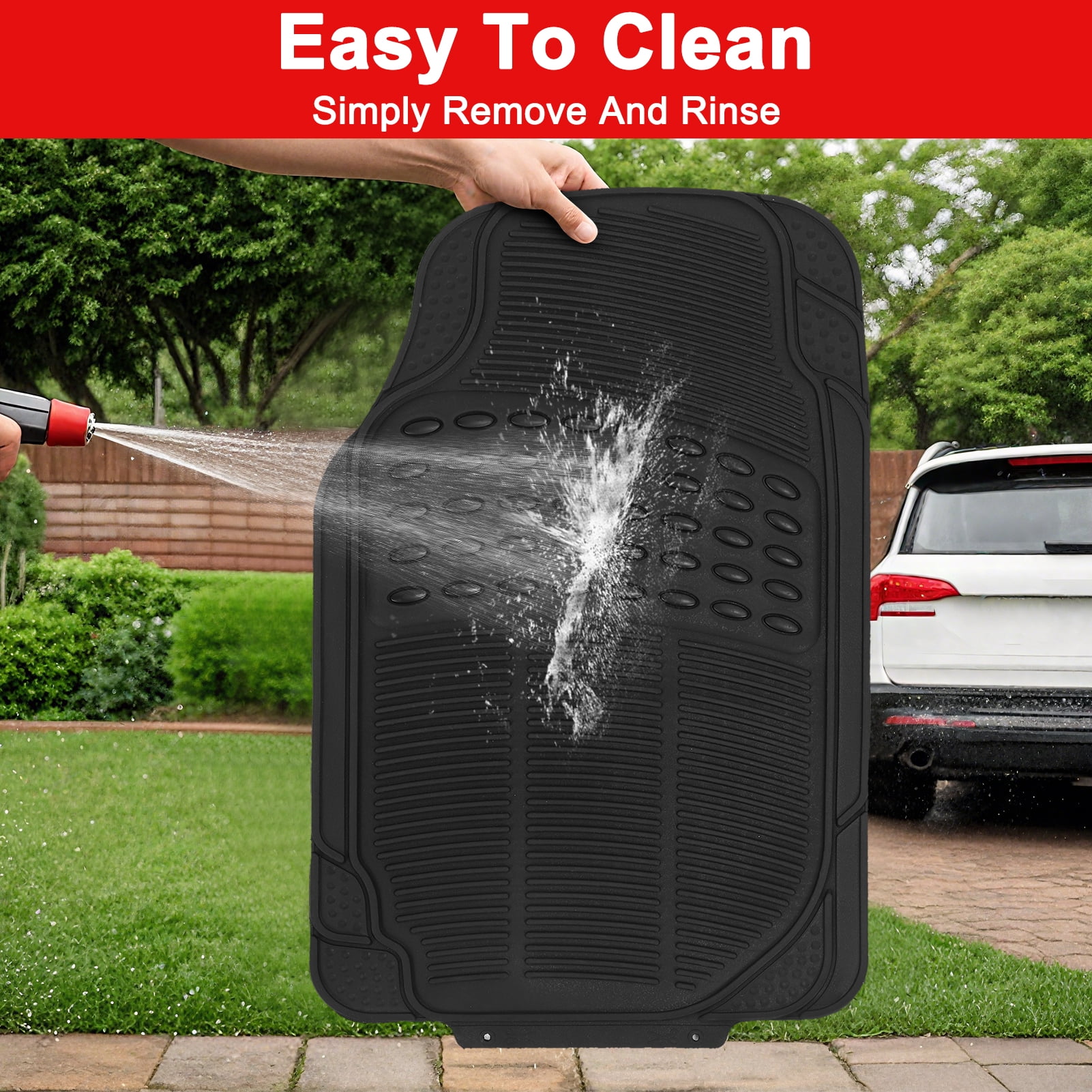 3-Piece All Weather Solid Rubber Car Floor Mats Set, Trimmable Front and Rear- Heavy Duty Deep Dish Mats for Universal Car & SUV Van