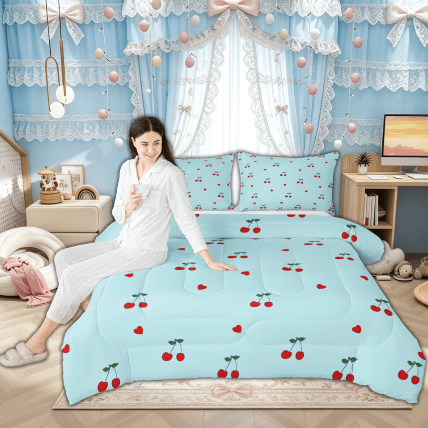Manfei Kawaii Cute Cherry Full Size Comforter Sets for Kids Girls, Romantic Cartoon Love Heart Bedding Comforter Set, Reversibles, 3 Pieces