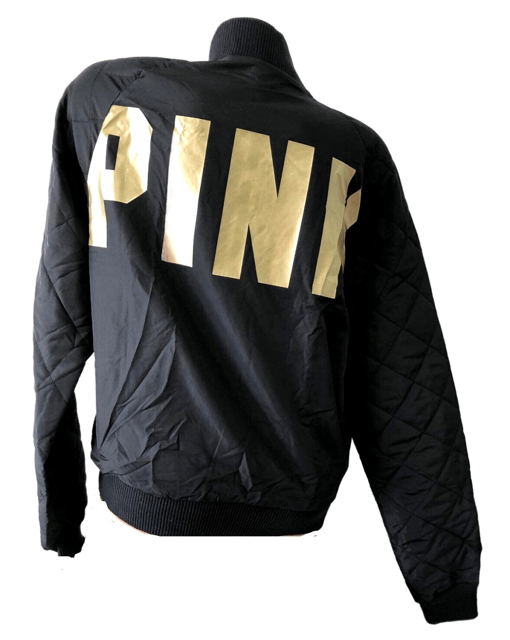 Victoria's Secret Pink Full Zipper Bomber Jacket Black Gold Foil Logo