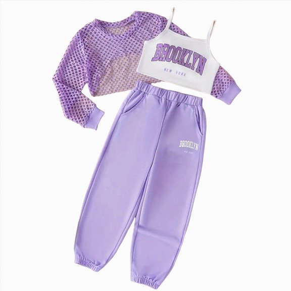Kaprioy Girls 3 Piece Purple Casual Set, Long Sleeved Openwork Top, Cami Tops and Sports Pants Fashion Outfits Girls Summer Clothes