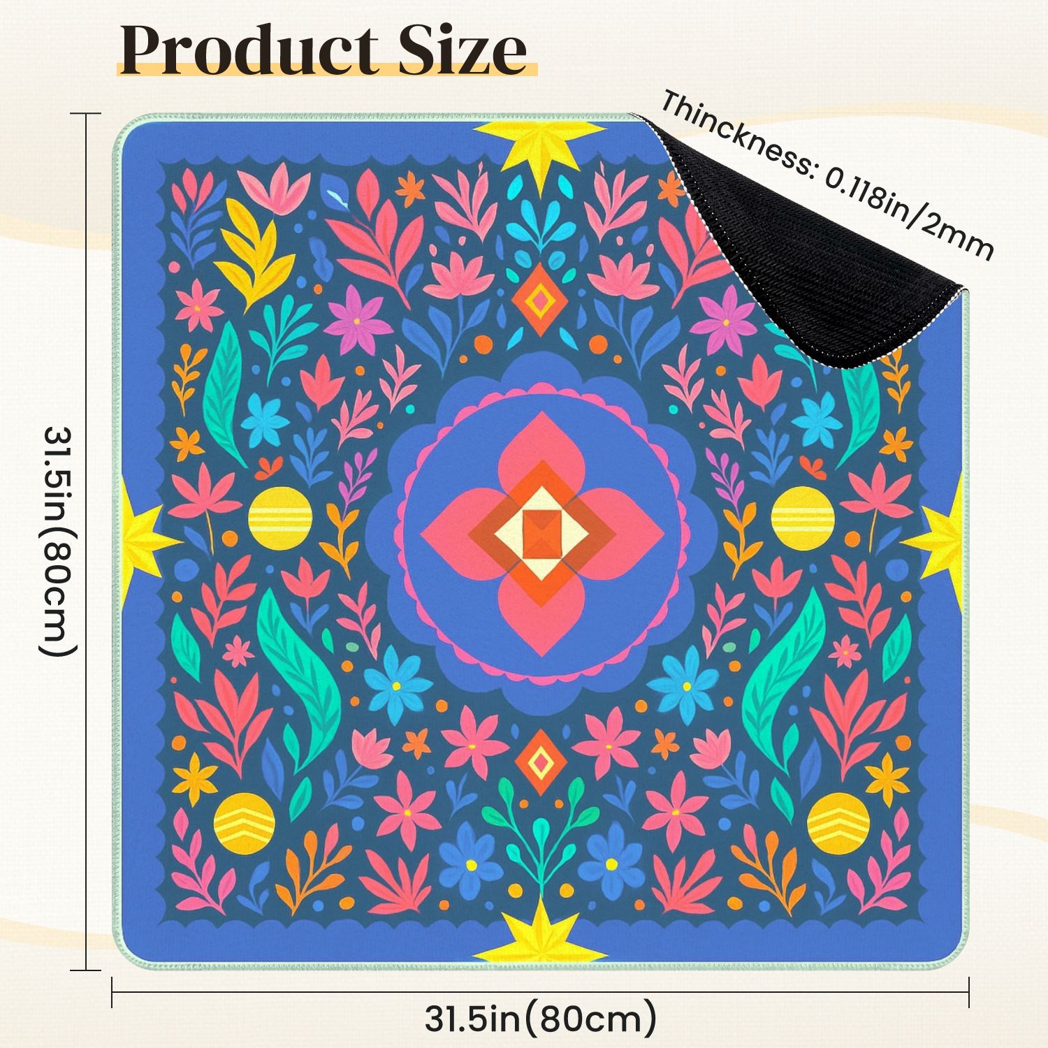 Mahjong Mat 31.5" x 31.5" Vibrant Floral Geometric Center Bright Colors Intricate Anti-Slip and Noise Reduction Symmetry Design Mahjong Tiles Table Cover for Dominoes Poker Card Board and Tile Games