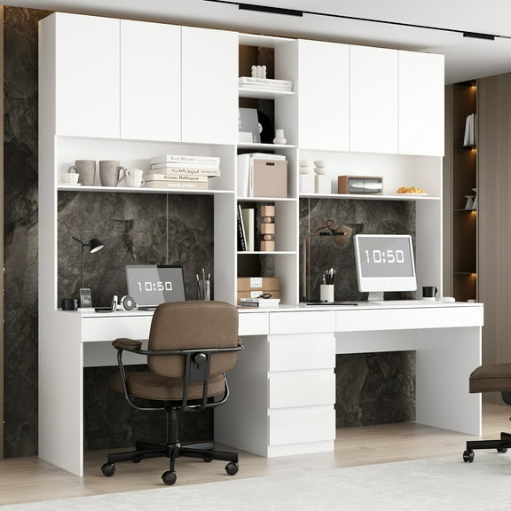 KULAGAGA Double Office Desk with Drawers and Shelves, Home Office Desk with Doors and Shelves, Double Computer Desk Workstation for Office White (94.5”W x 23.6”D x 86.6”H)