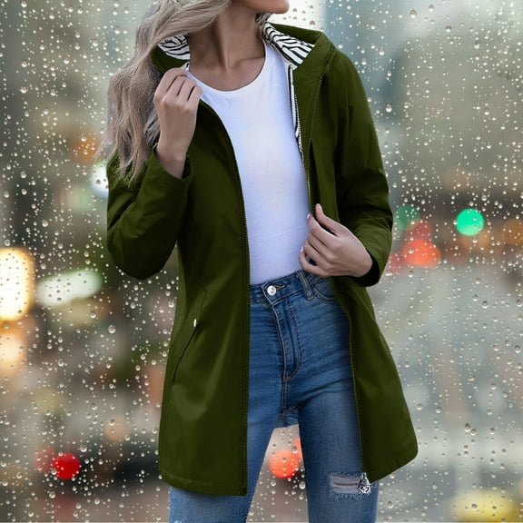 Dxzfnsa Women's Waterproof Rain Jackets with Hood Fashion Womens Lightweight Stripes Long SLeeve Hoodies Outdoor Zipper Raincoats with Pockets
