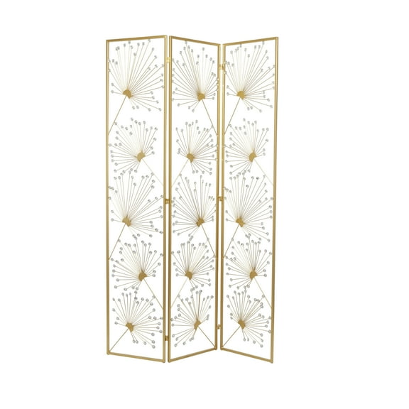 DecMode 46" x 71" Gold Metal Floral Hinged Foldable Partition 3 Panel Room Divider Screen with Crystal Embellishments, 1-Piece
