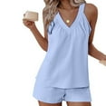 thumbnail image 5 of Feancey Lounge Sets for Women Soft Pajama 2 Piece V Neck Sleeveless Pjs and Shorts Matching Set Cute Sleepwear Loungewear Outfits with Pockets Light Blue L, 5 of 7
