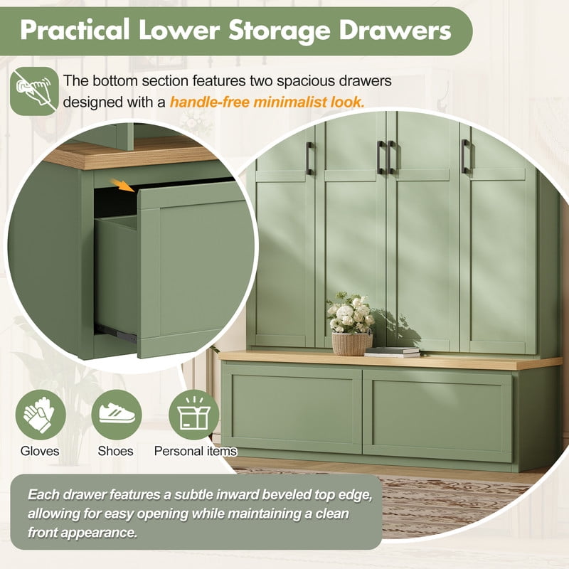 Modern Farmhouse Hall Tree with Bench and Storage Cabinets, Entryway Coat Rack with 6 Hooks, 4 Hidden Cabinets, Drawers and Open Shelves, Mudroom Organizer for Hallway, Living Room