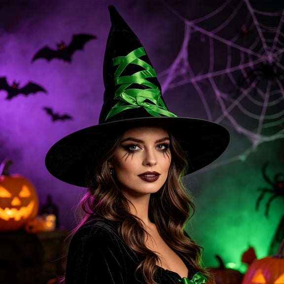 Halloween Witch Hat with Decorative Ribbon,Black Velvet,Wizard Hat,Cosplay Accessories,Dress Up Prop Green