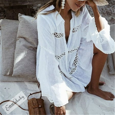 Women Sexy Bikini Beach Cover Up Swimwear Crochet Bathing Summer Dress Suit White S