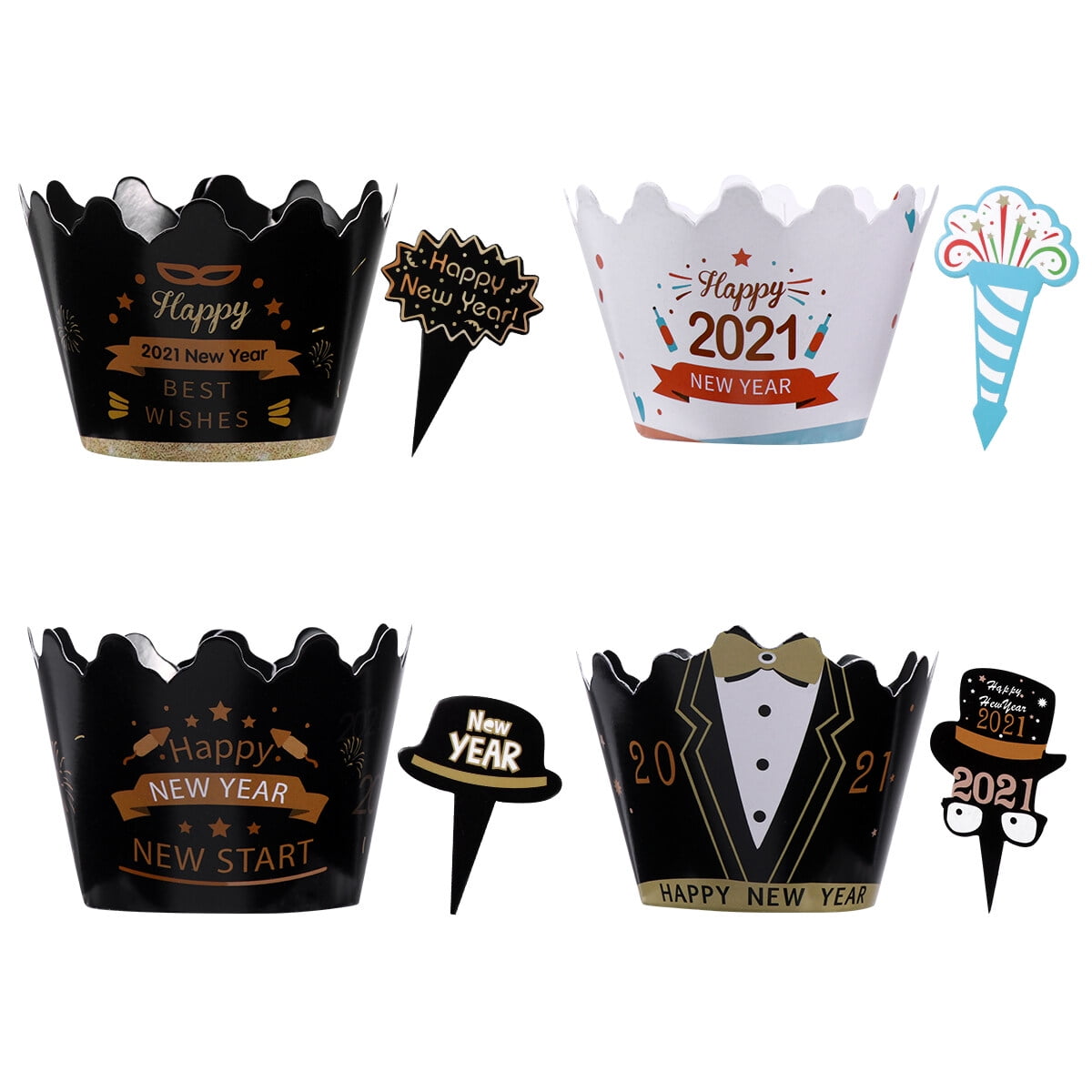 24 Sets New Year Theme Cake Decors Cupcake Rims Creative Cake Insert Cards