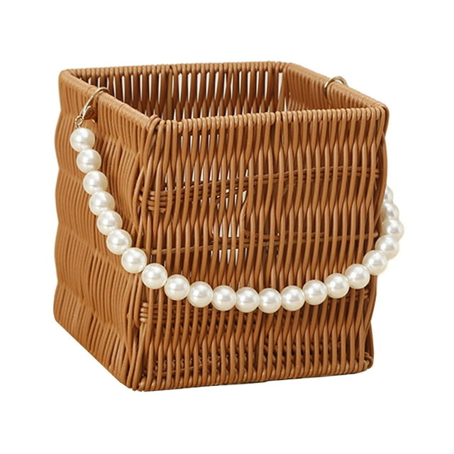 pitrice Imitation Rattan Basket Flower Basket Artificial Pearl Picnic Basket Handle 15x15x14.5cm