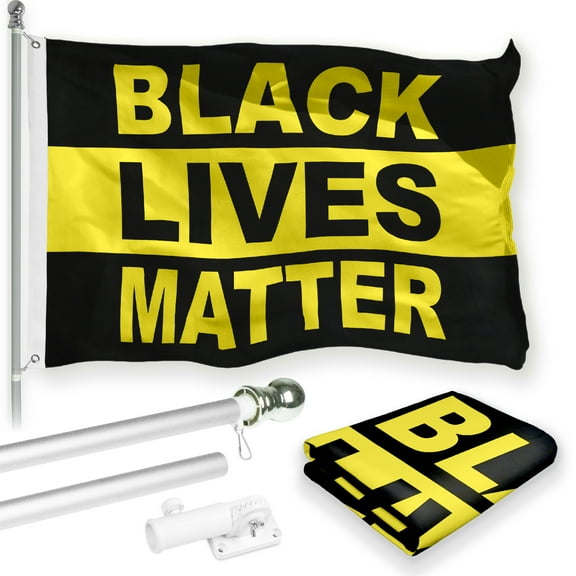 G128 Combo Pack: 6 Feet Tangle Free Spinning Flagpole (Silver) Black Lives Matter (Black/Yellow) Flag 3x5 ft Printed 150D Brass Grommets (Flag Included) Aluminum Flag Pole