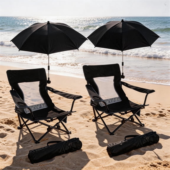 Coliware 2-Pack Beach Chairs with Adjustable Umbrellas, Portable Folding Camping Chairs with Armrest Cup Holder Storage Bag Carry Bag for Adults, Outdoor Chair for Fishing, Lawn & Backyard, Black