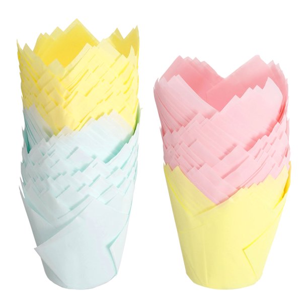150Pcs Forros de Hornear Tulipán para Cupcakes Muffins Papel a Prueba de Grasa (3.1" x 2", Azul Claro/Azul Claro/Rosa)