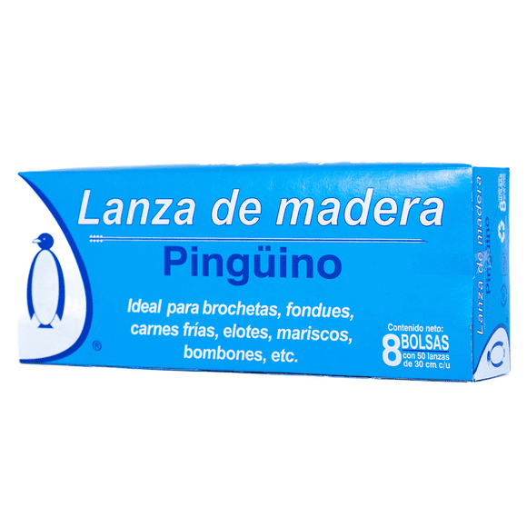 Lanza de Madera Pingüino 30 cm | 400 piezas | 8 bolsas de 50 lanzas | Ideal para brochetas, bombones, carnes frías | 100% reciclable