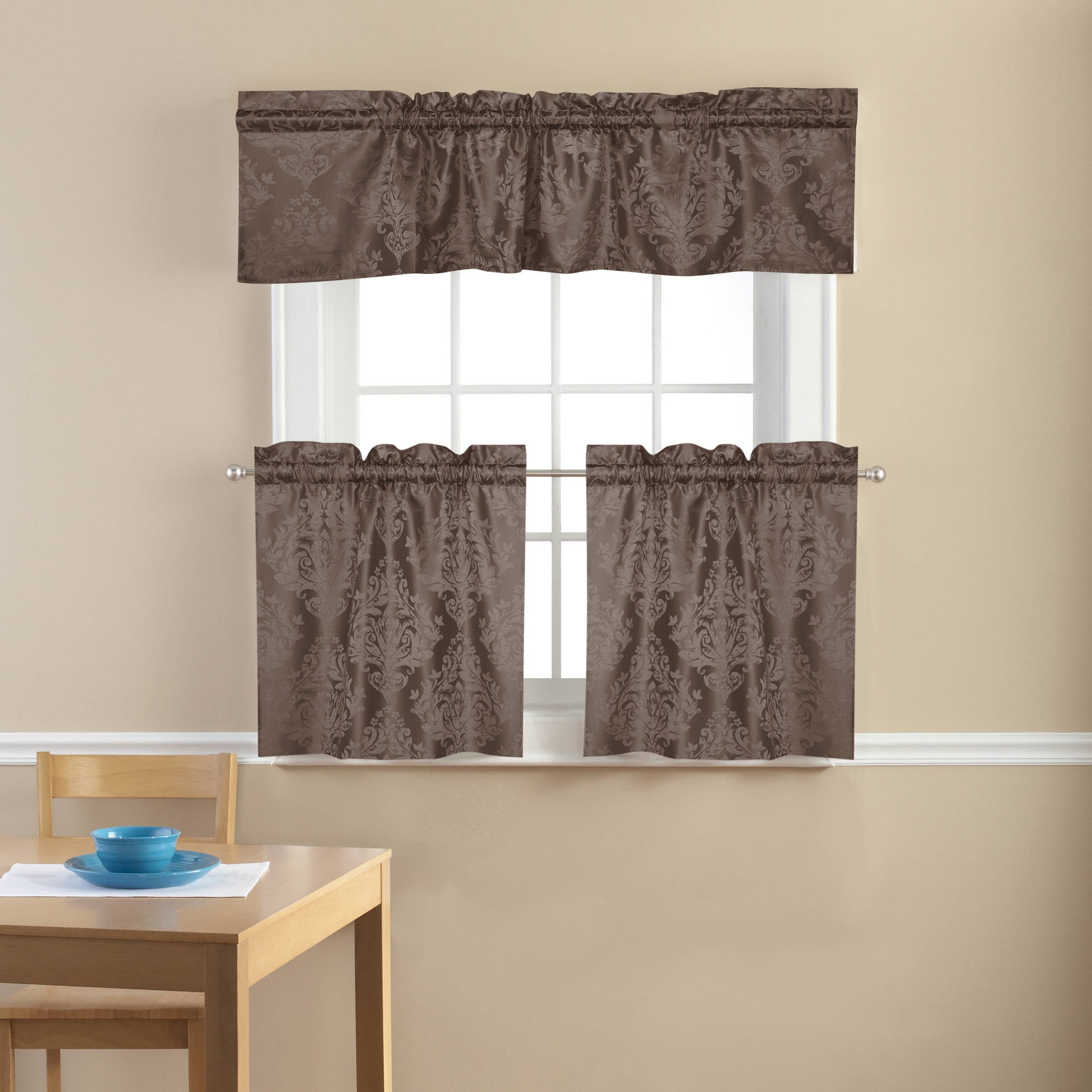 Mainstays Traditional Damask Jacquard Kitchen Curtain Tier and Valance