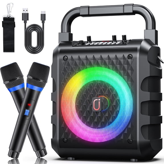 JAUYXIAN Karaoke Machine, Bluetooth Karaoke System with 2 Wireless Microphones, Portable Party Speaker with LED Lights, Sholder Strap, Deep Bass