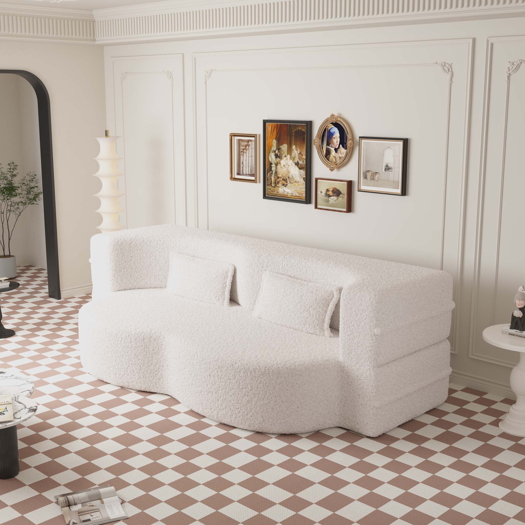 Miniyam Floor Sofa with 2 Pillows, Convertible Teddy Fabric Foam-Filled Sleeper Sofa Bed, Beige