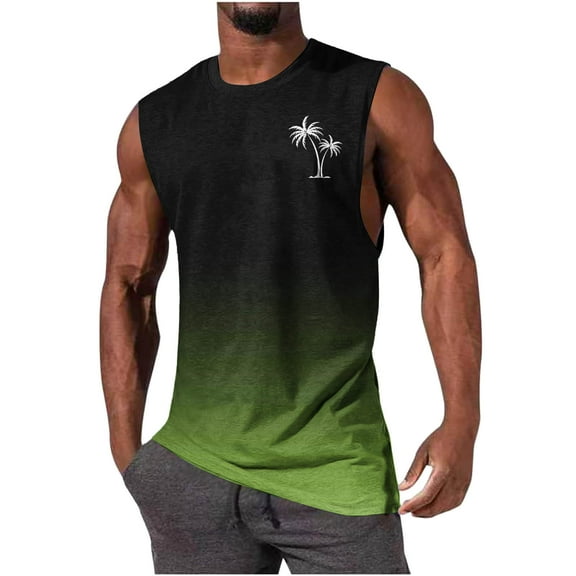 QingYiHua Mens Tank Tops Summer Big and Tall Sleeveless Shirts Graphic Palm Tree Beach Vacation Tanks Sports Muscle Gym Tank Top Men's Clothing Sales Army Green