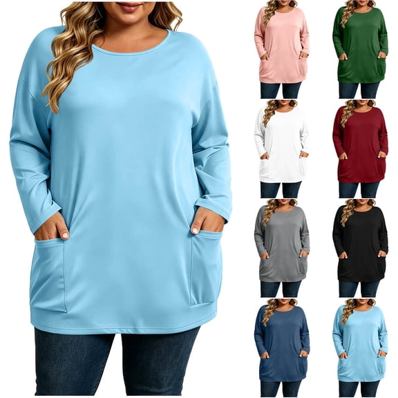 yillto S-5XL Womens Tops Basic Long Sleeve Blouse Fall Trendy Loose Casual Crew Neck Plus Size Top