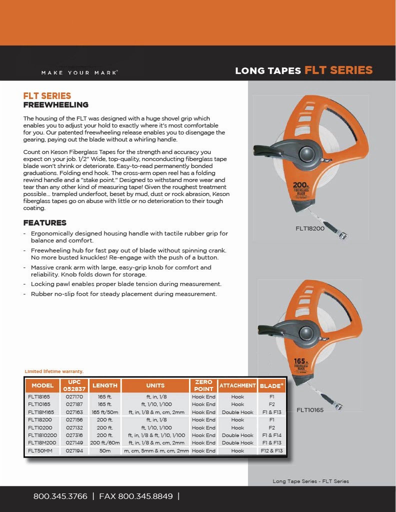 Keson FLT50MM Freewheeling Fiberglass Tape Measure (Graduations,: m, cm, 5mm & m, cm, 2mm), 50-Meter CA3