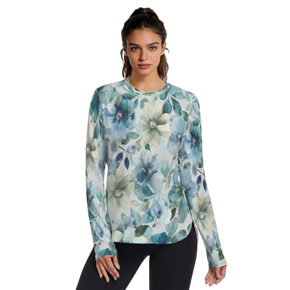 Women's UPF 50 Sun Protection Shirt Long Sleeve Cool Touch Crewneck with Thumb Holes Blue and Green Flowers X-Small