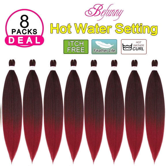 WEIF-Ombre Red Braiding Hair Pre Stretched, 8 Packs/Lot 24 Inch Pressional Prestretched Braiding Hair, Yaki Texture Synthetic Hair Extensions For Human Crochet Braids, Itch Free(24", T1B/Burgundy#