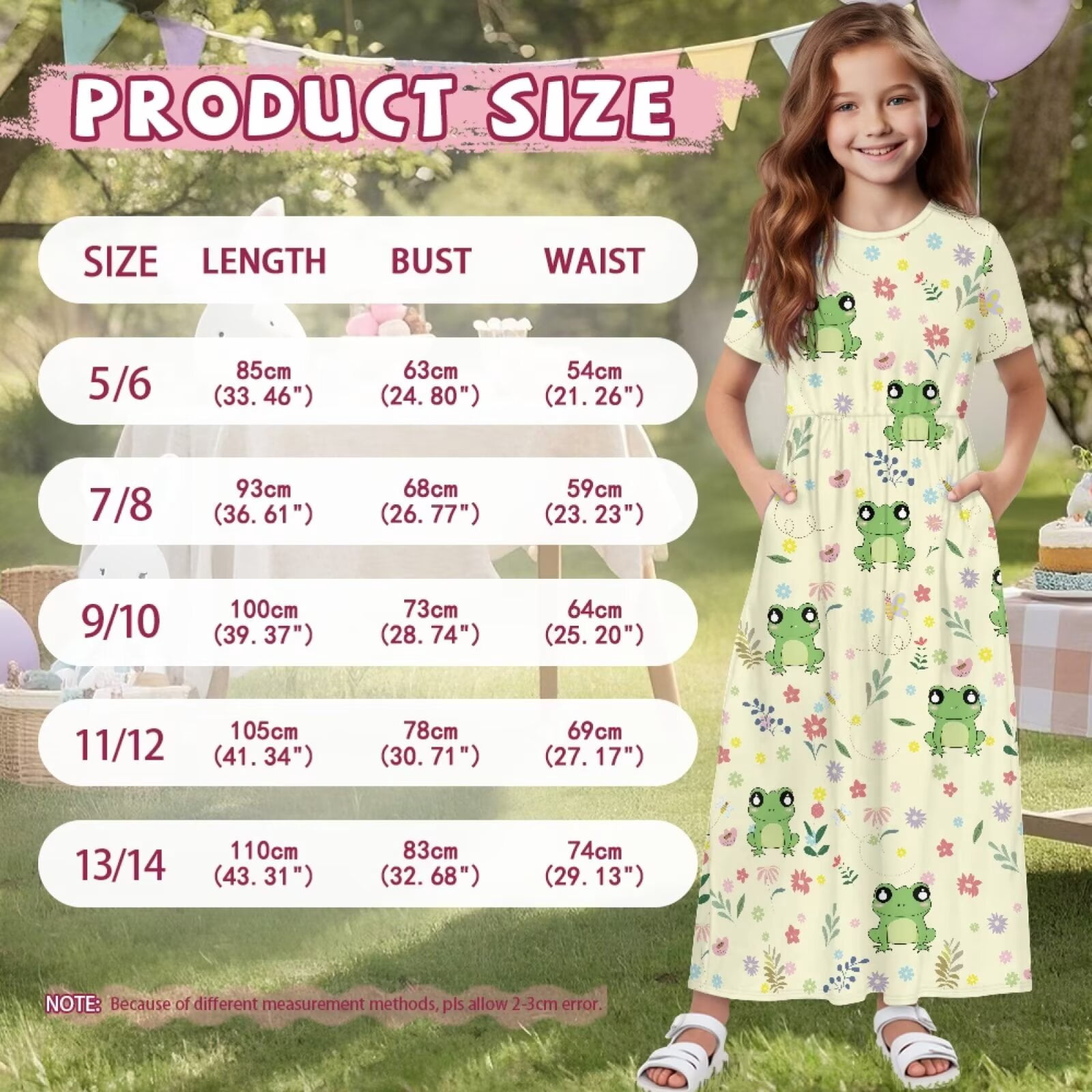Uourmeti Girls Elegant Maxi Dress, Cute Frog Floral Printed Short Sleeves Dress with Pockets Summer Long Holiday Dresses, Size 9-10 Years