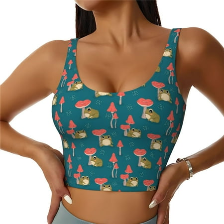 Jgfou Frog and Mushrooms Print Womens Sports Bra - Padded Workout Sports Bras Crop Tank Top