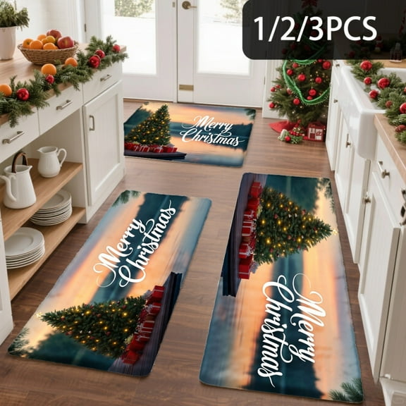 3PCS Kitchen Mat set, Welcome Door Flannel Rug,Home Decor for Front Door,Kitchen, Bathroom, Merry Christmas Tree Sunset Scene ,Great Christmas Housewarming gift for Family and Friends.