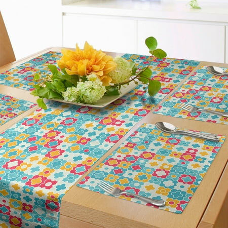 

Quatrefoil Table Runner & Placemats Clover Leaves Barb Style Clover Lattice Boho Colorful Themed Set for Dining Table Decor Placemat 4 pcs + Runner 14 x72 Red Turquoise Yellow by Ambesonne