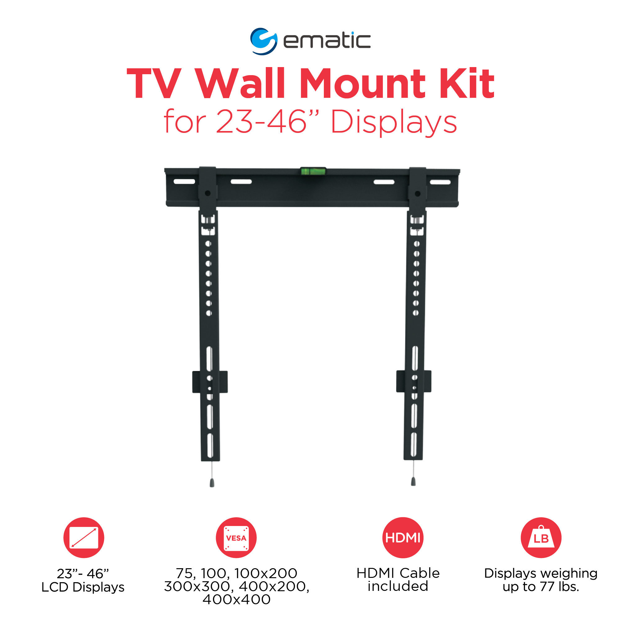 Ematic 23"-55" Low-Profile, Universal TV Wall Mount with HDMI Cable