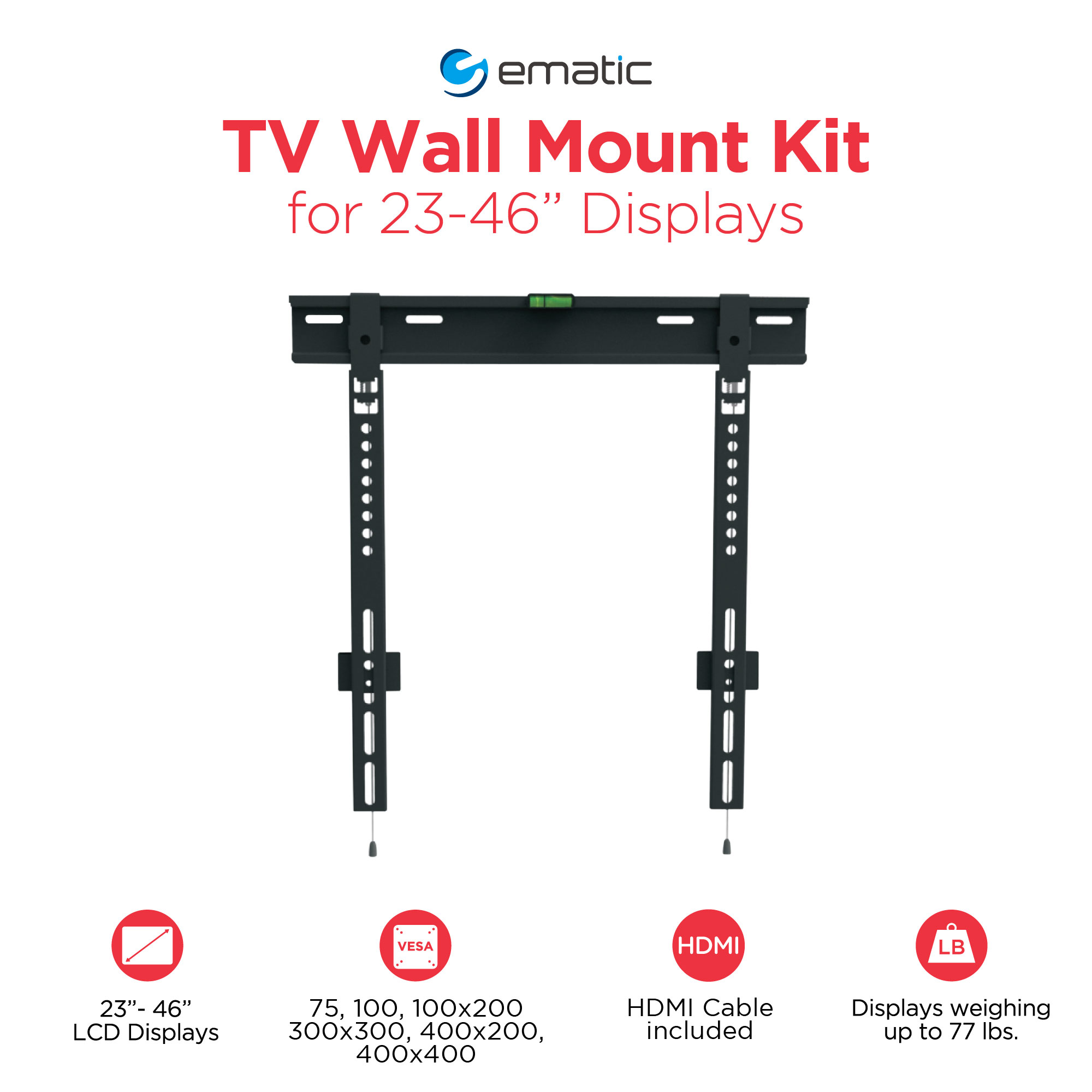 Ematic 23"-55" Low-Profile, Universal TV Wall Mount with HDMI Cable - image 2 of 2