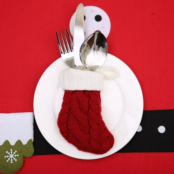 1PC/5PCS/10PCS Christmas Tableware Silverware Holders Set, Red Knitted Christmas Stockings Knife and Fork Bags Covers for Thanksgiving New Year Party Decorations Xmas Dinner Table Decor Ornaments
