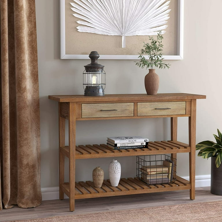 Homfa Farmhouse Console Table with Drawers Accent Hall Table with 2 Shelves Sofa Table with Solid Wood Frame and Legs Rustic Entryway Table for