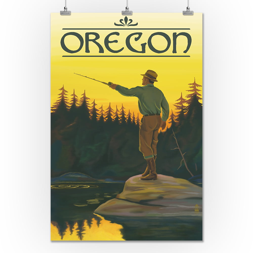 Oregon - Fly Fishing Scene - Lantern Press Artwork (12x18 Art Print, Wall Decor Travel Poster), Size: 12 x 18