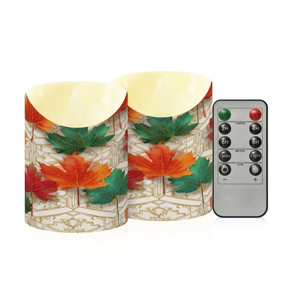 2 PCS Tilted Flameless Candles Flickering LED Lights Battery Operated Candles with Remote Timers for Holiday Decor Green and Red Maple Leaves