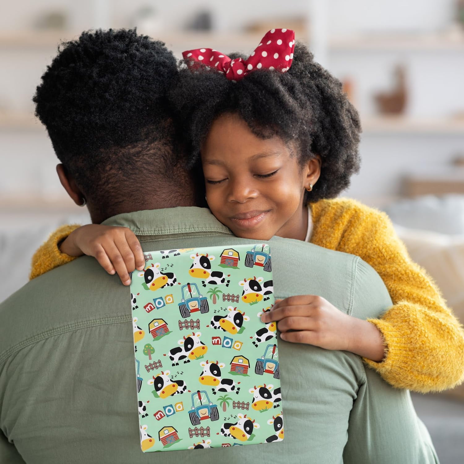 Farm Cow Wrapping Paper for Boys Girls Kids, Cute Cow Farmhouse Tractor Farm Theme Design Green Birthday Paper 6 Sheets Folded Flat 20x28 inches per Sheet for Birthday Party Baby Shower