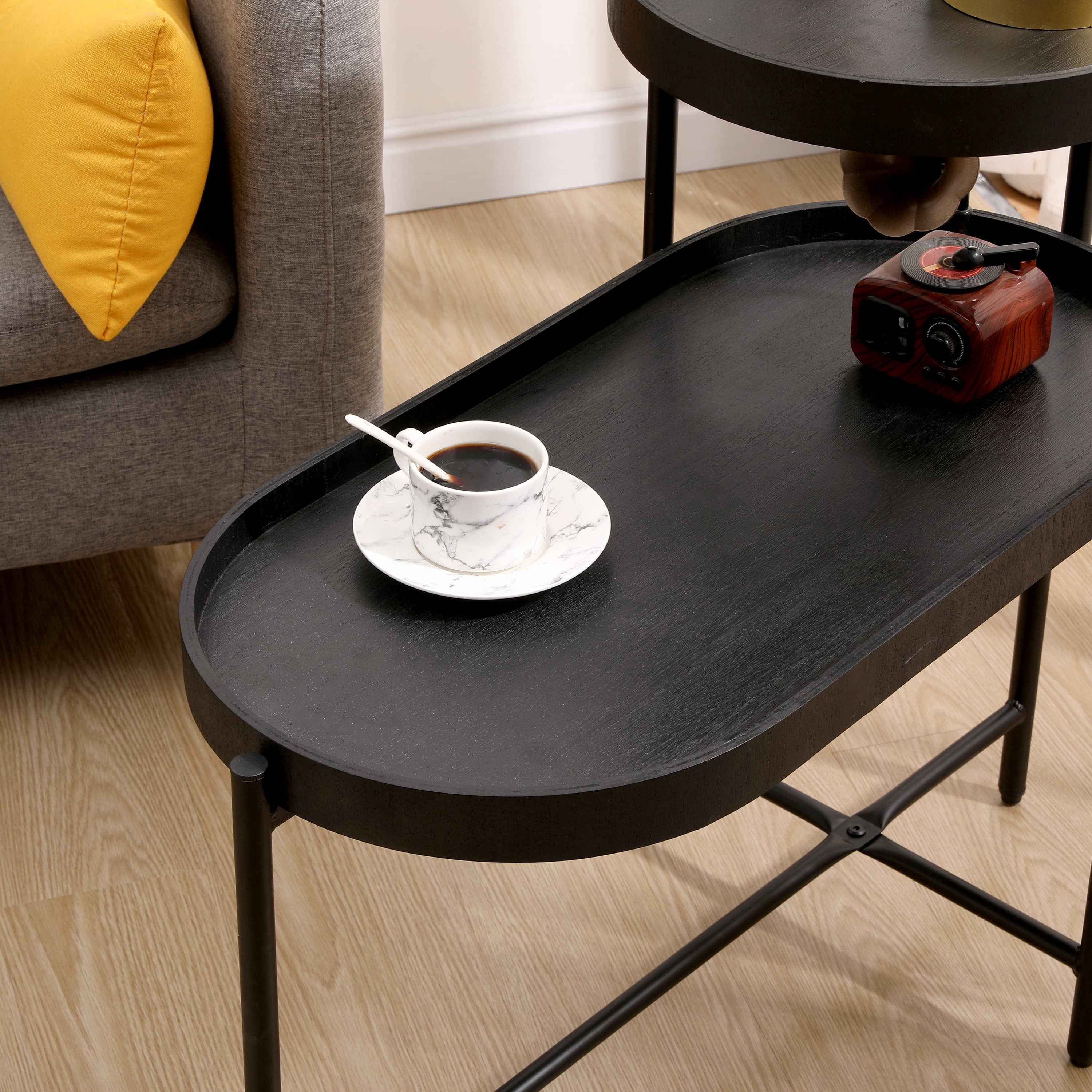 MAYEERTY 2-Tier Black Side Table - Storage, Metal Frame & Wooden Desk, Sofa Table for Living Room.
