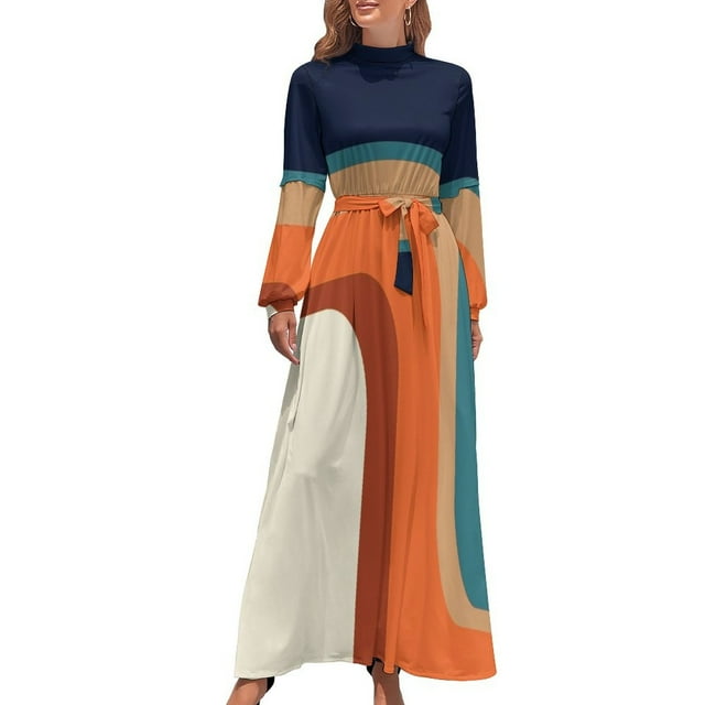 Vestido largo naranja y azul de mediados de siglo con toques modernos de los años 70 Vestidos de verano para mujer Vestido de cumpleaños para mujer