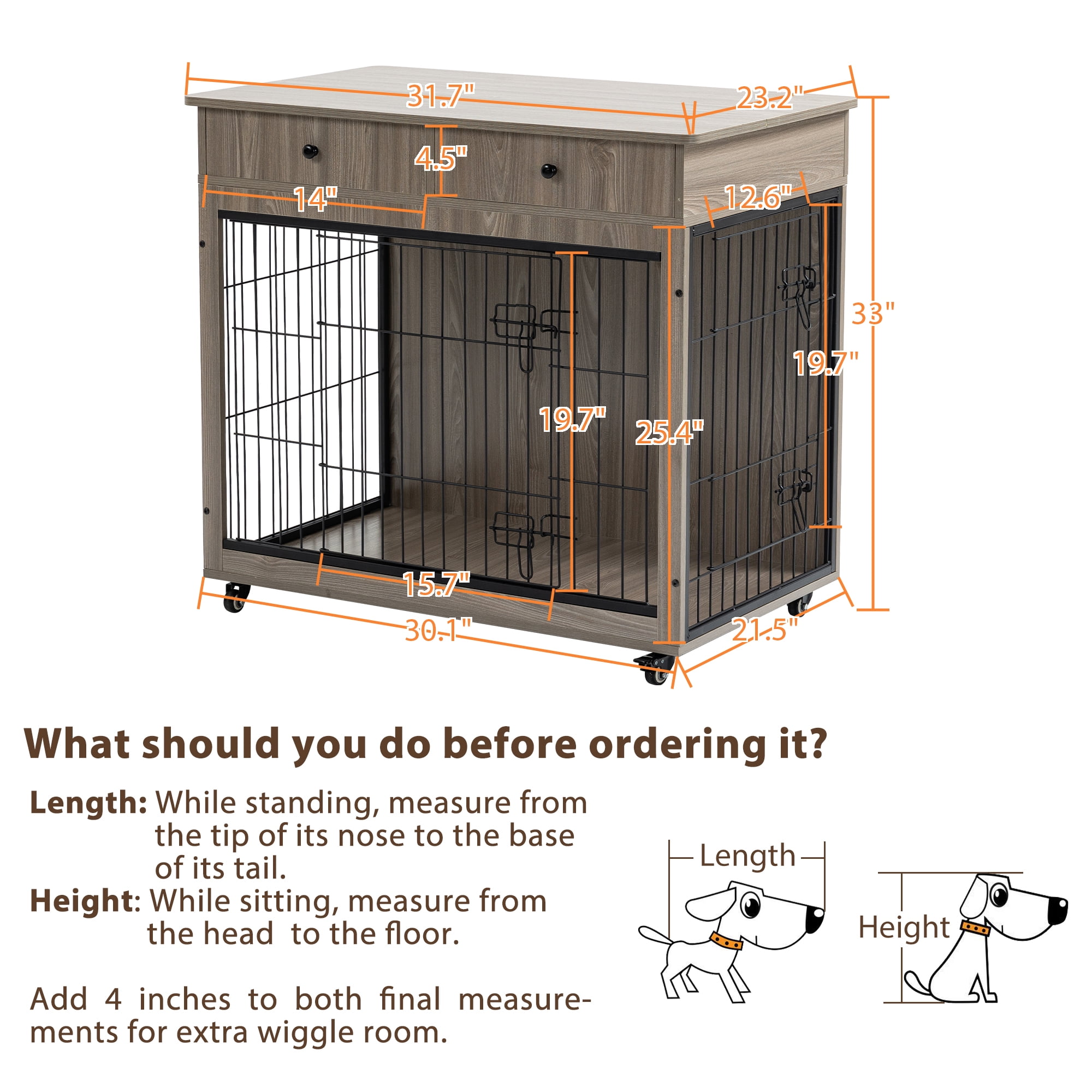 Pefilos 31" Wooden Dog Crate Furniture with 2 Drawers Storage, Indoor Dog Kennel, Heavy Duty Dog Cage for Small, Gray Pefilos 31" Wooden Dog Crate Furniture with 2 Drawers Storage, Indoor Dog Kennel, Heavy Duty Dog Cage for Small, Gray
