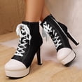 thumbnail image 3 of Rokment Stiletto Heels Platform High Top Fashion Sneakers For Women Trendy Casual Canvas Lace up Heeled Walking Pumps Ankle Boots with Side Zipper Spring Fall Winter Black Size 6, 3 of 8