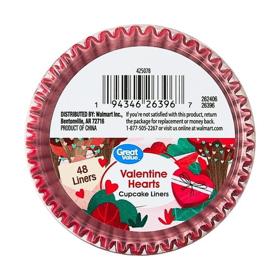 Great Value Valentine’s Day Red Heart Cupcake Liner, 48 Count