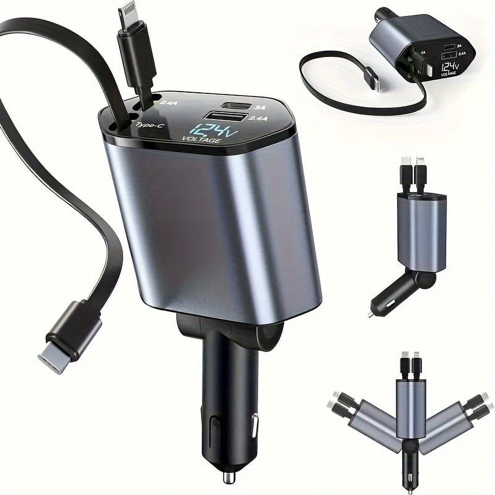Retractable Car Charger 4in 1 Fast Car Phone Charger, Type C/IOS Car Charger Adapter with 2X Retractable Phone Charger Cables And 2X USB Ports for iPhone 15/14/13/12 Max, Samsung S24/S23, Smartphon