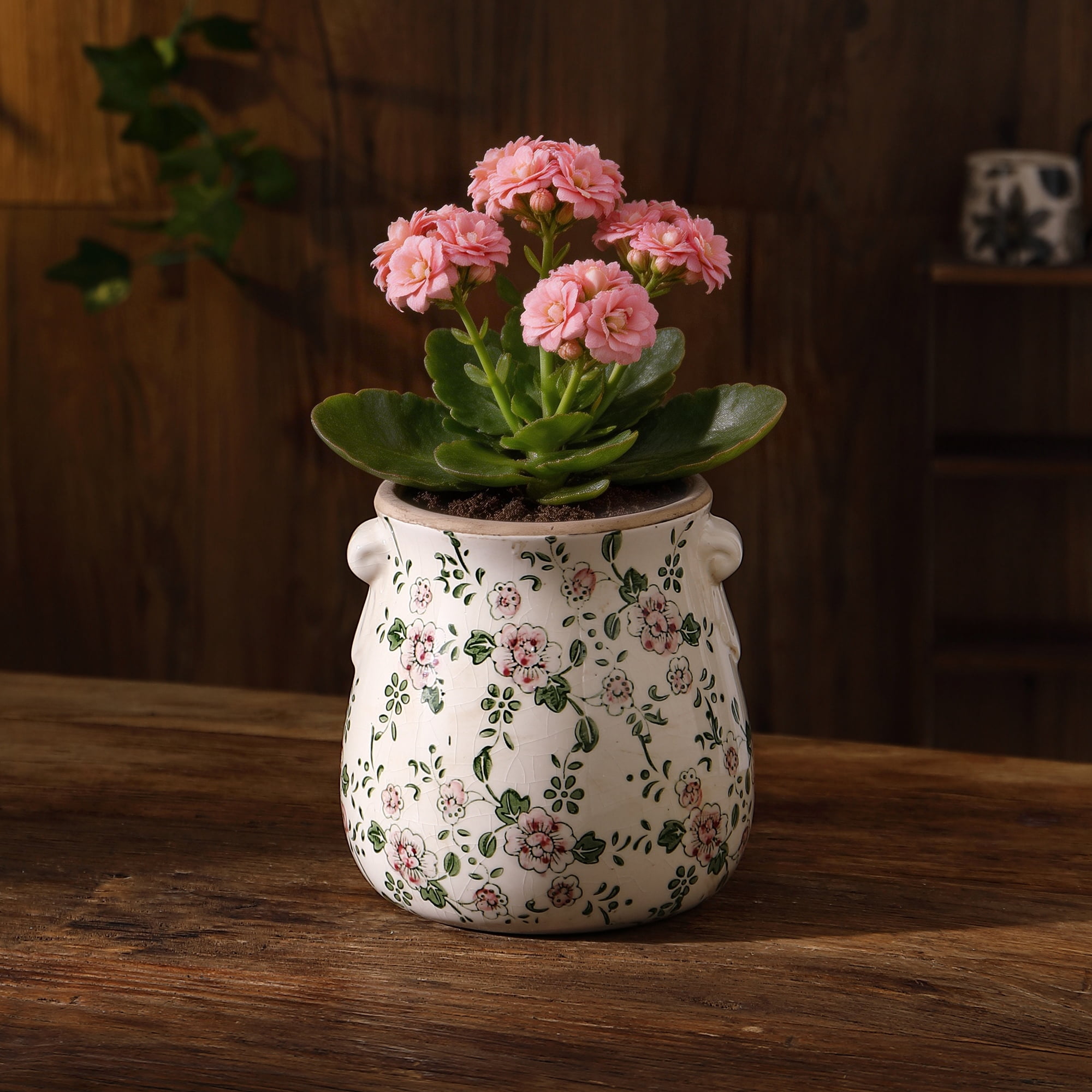Vintage Ceramic Planter with Drainage Hole – Indoor Flower Pots & Plant Vases, Green Tuscan Planter Set for Home, Gardening, Christmas Decor(Pink