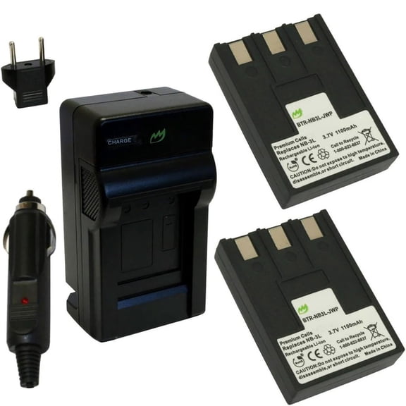 Replacement for Canon PowerShot SD550 Battery (2-Pack, 1100mAh) and Charger with Car Adapter