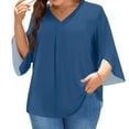 thumbnail image 2 of bbyeadc Plus Size Women Blouses Pleated Split Cuff 3/4 Sleeve Tee Tops Casual V Neck Oversized Summer Clothes L-5XL Dressy Light Loose Flowy Top, Royal Blue L, 2 of 5