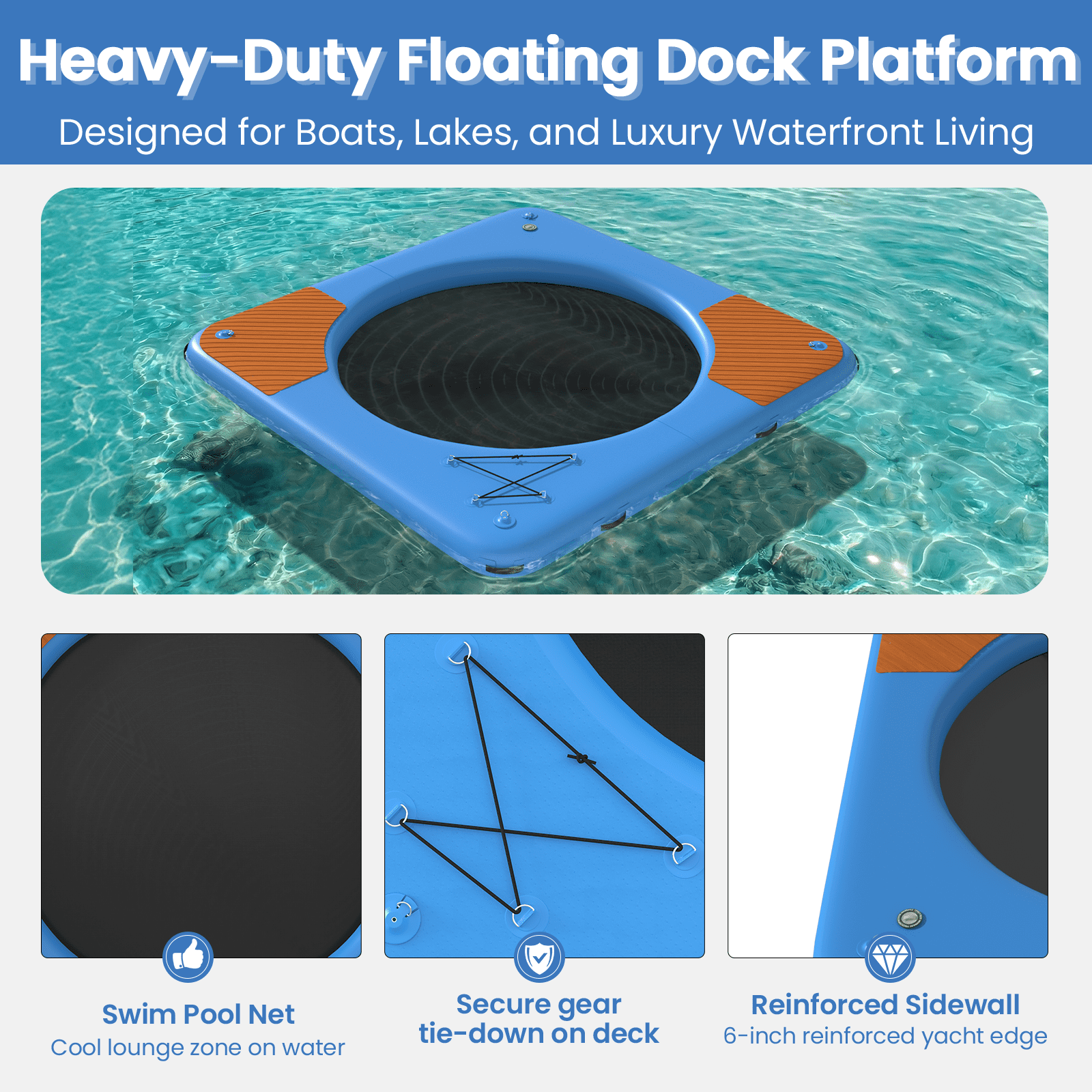 Bezliving 10 ft Inflatable Floating Dock with Mesh Swim Net, 6 in Thick Platform for Lake and Pool, Non-Slip EVA Deck, Heavy-Duty D-Rings