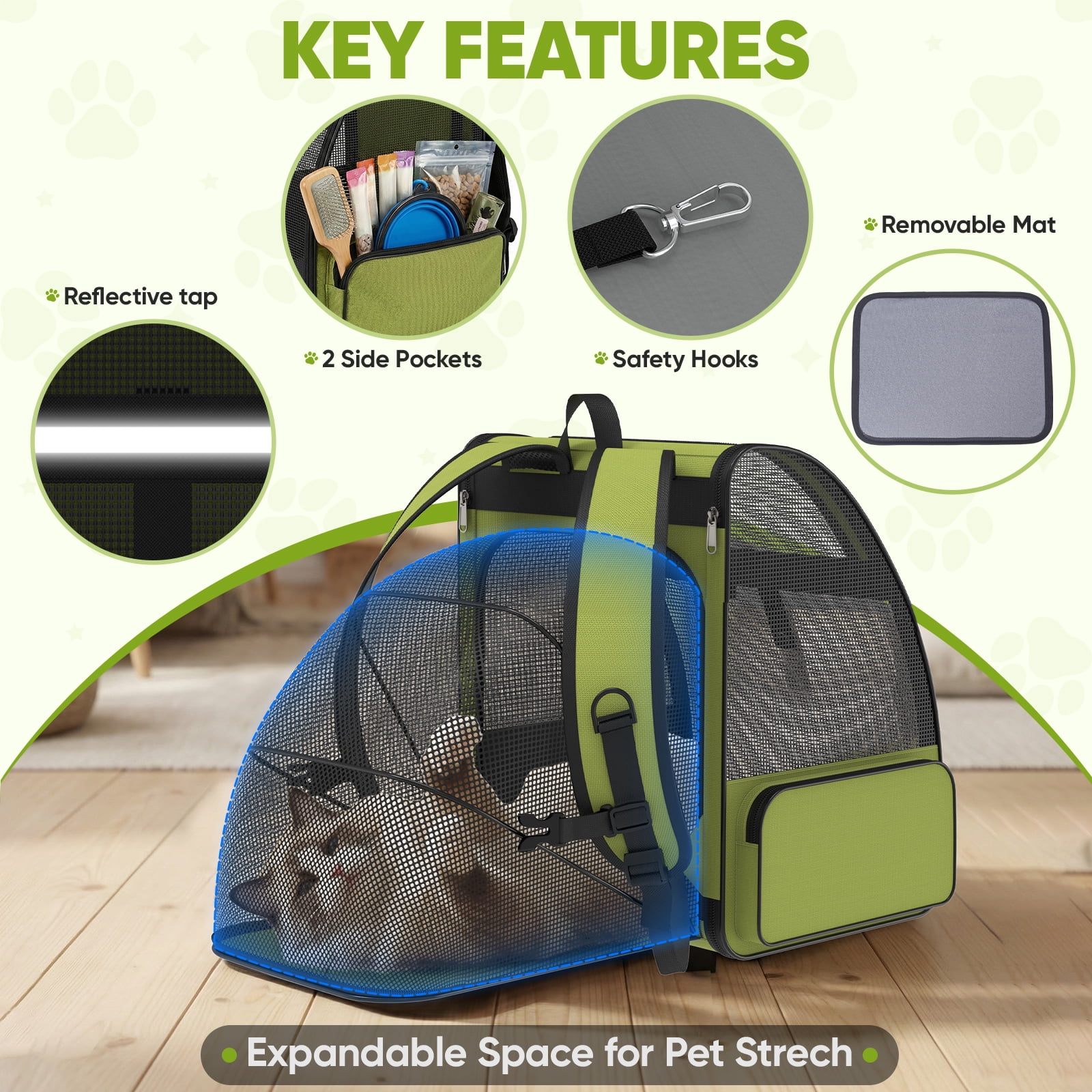 Cat Carrier Backpack Expandable Breathable Pet Carrier for Large Cat Puppy Outdoor Travel Pet Backpack with Vantilated Mesh, Green